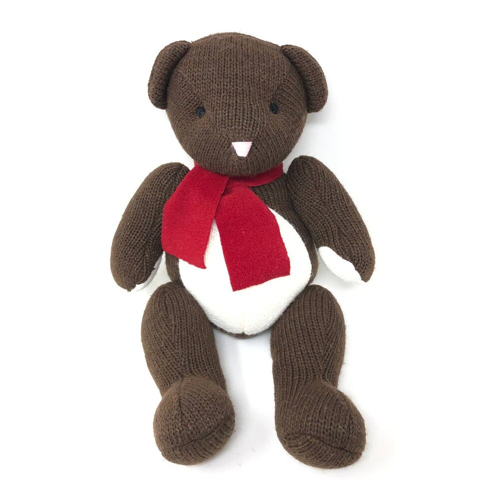Pottery Barn Kids Teddy Bear Plush 15" Brown White‎ Knit Stuffed Animal Red Bow